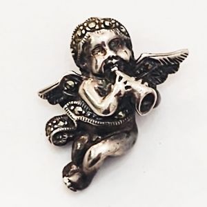 Vintage Sterling Silver & Marcasite Cherub with Horn Necklace